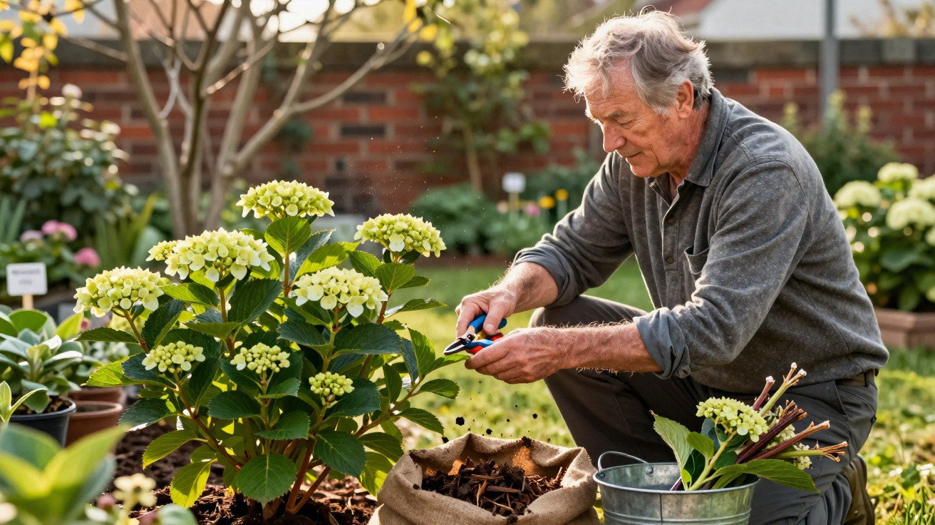 Older man pruning hydrangea flowers in a sunlit garden with gardening tools and bags nearby.