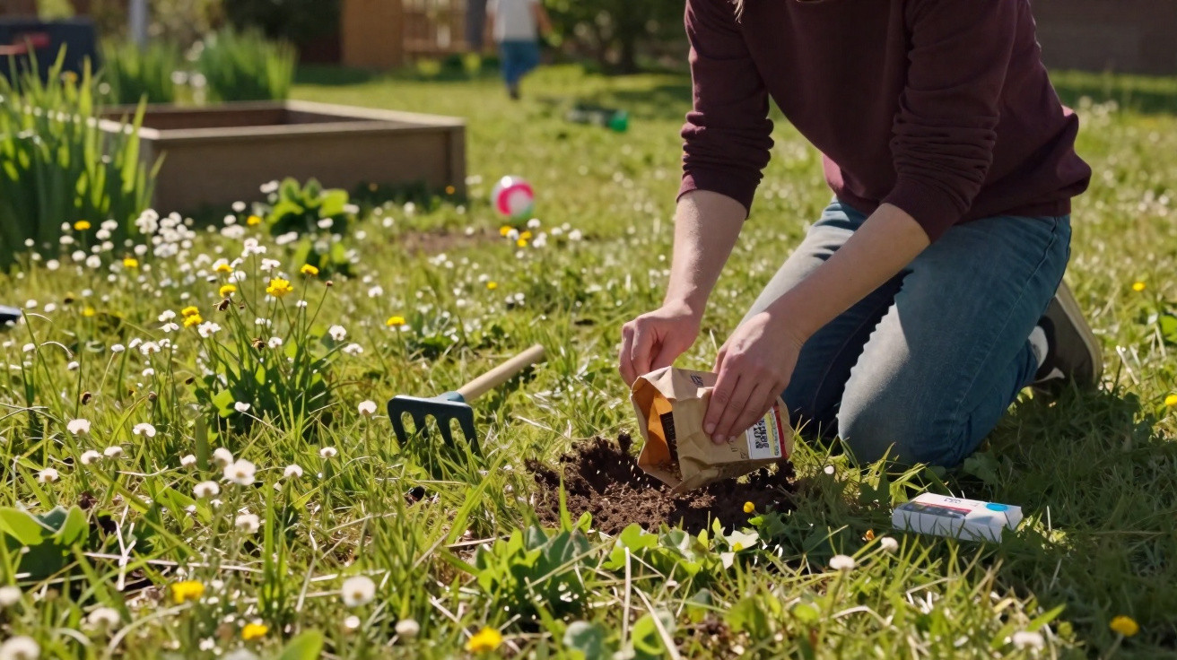 Person kneeling in a garden, pouring soil or compost into a hole surrounded by grass and wildflowers.