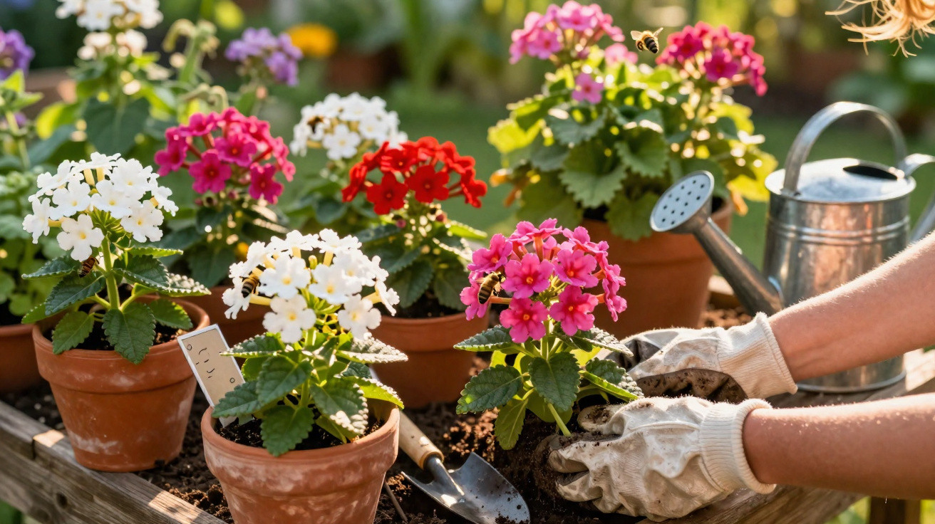 Person wearing gloves planting colourful flowers in terracotta pots with bees and a watering can nearby.