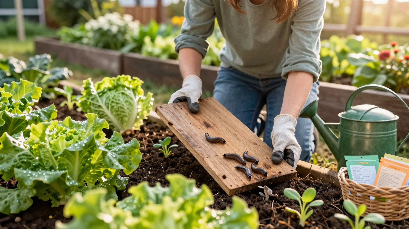 Person holding a wooden board with several black slugs over a garden bed with lettuce and seedlings.