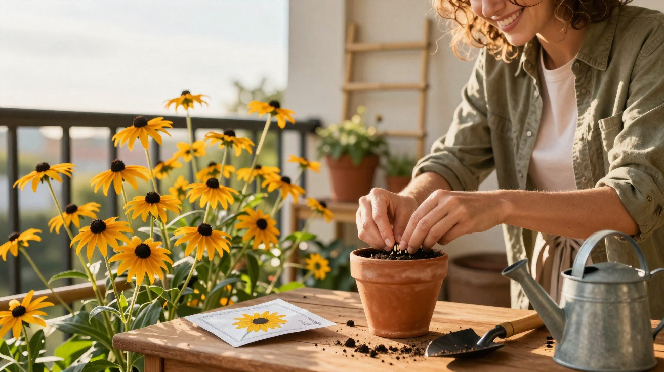 Person planting seeds in a terracotta pot on a wooden table with yellow flowers and gardening tools nearby.