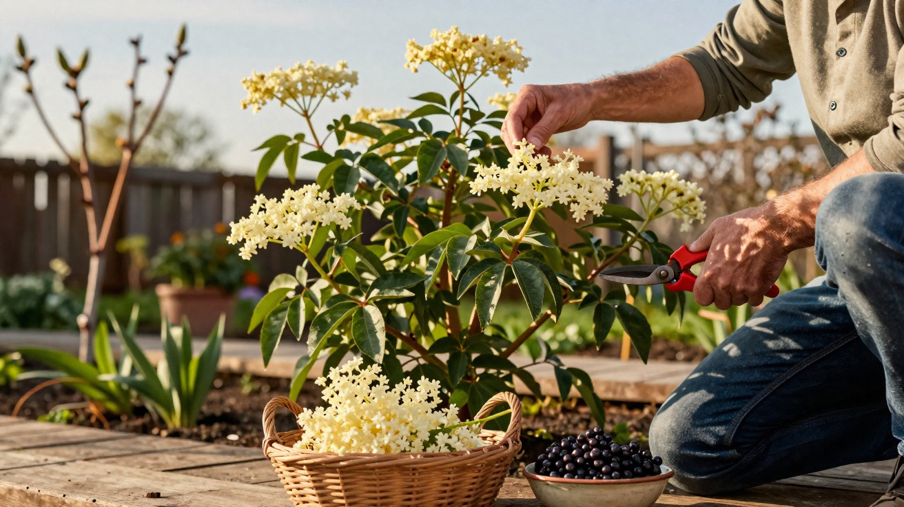 Person harvesting white elderflower blossoms with garden shears beside basket and bowl of blueberries outdoors.