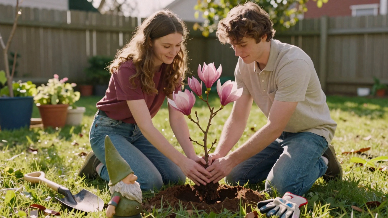 Young woman and man planting a pink magnolia tree in a sunny backyard garden.