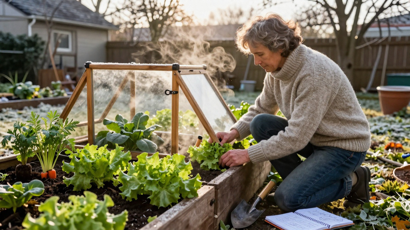 Person tending leafy green plants in raised garden bed with glass cold frame in backyard garden.