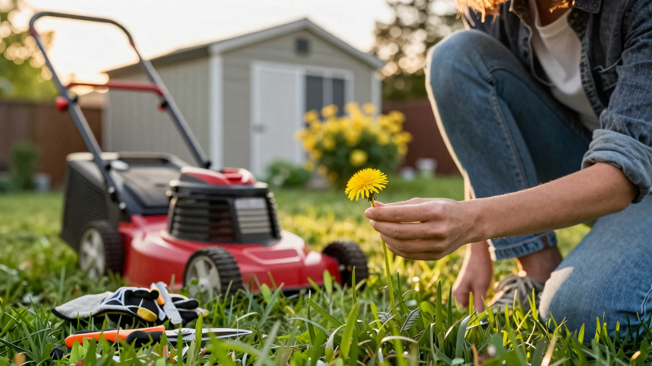 Person crouching in grass holding a dandelion with lawnmower and gardening tools in the background.