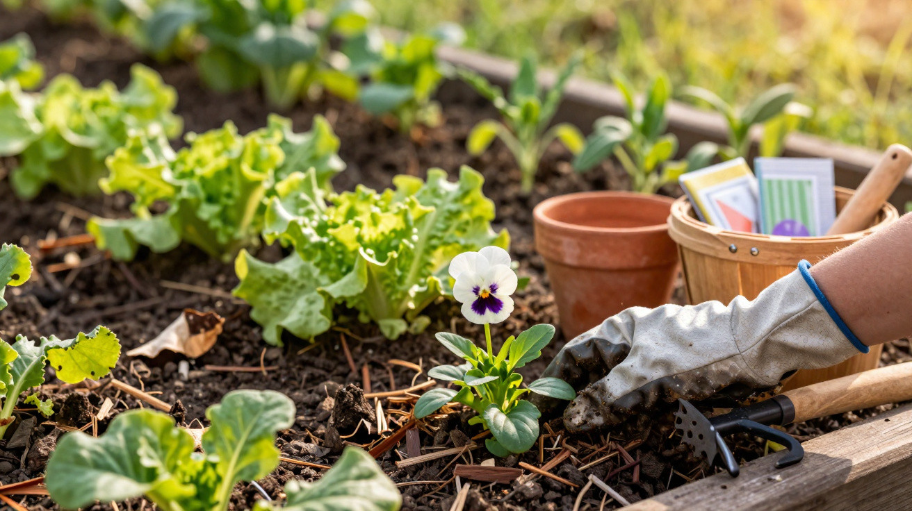 Person wearing gardening gloves planting a white pansy flower in a vegetable garden bed.