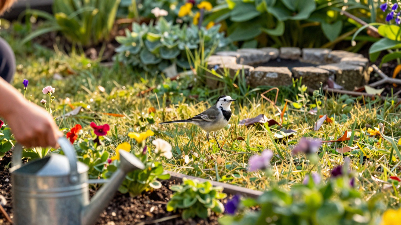 A small bird standing on grass near colourful flowers with a hand holding a watering can in the foreground.