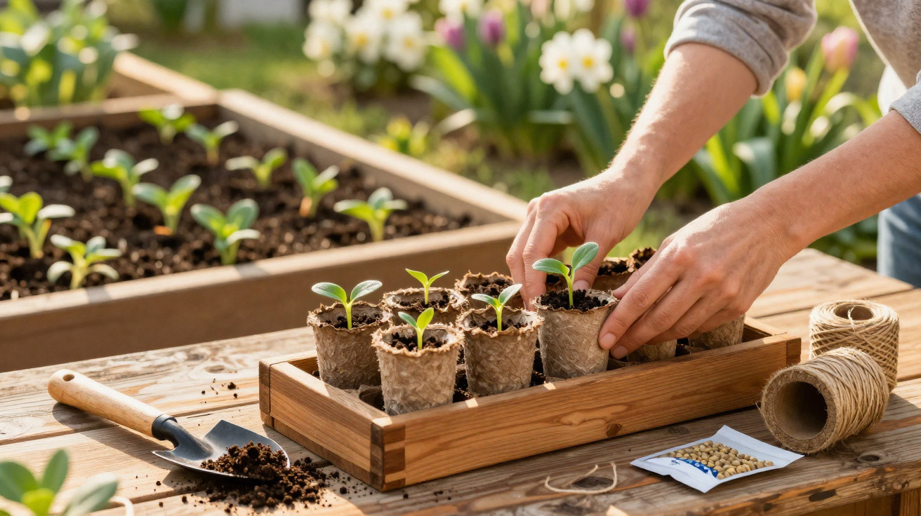 Hands planting seedlings in biodegradable pots on a wooden table with garden tools and seed packets.