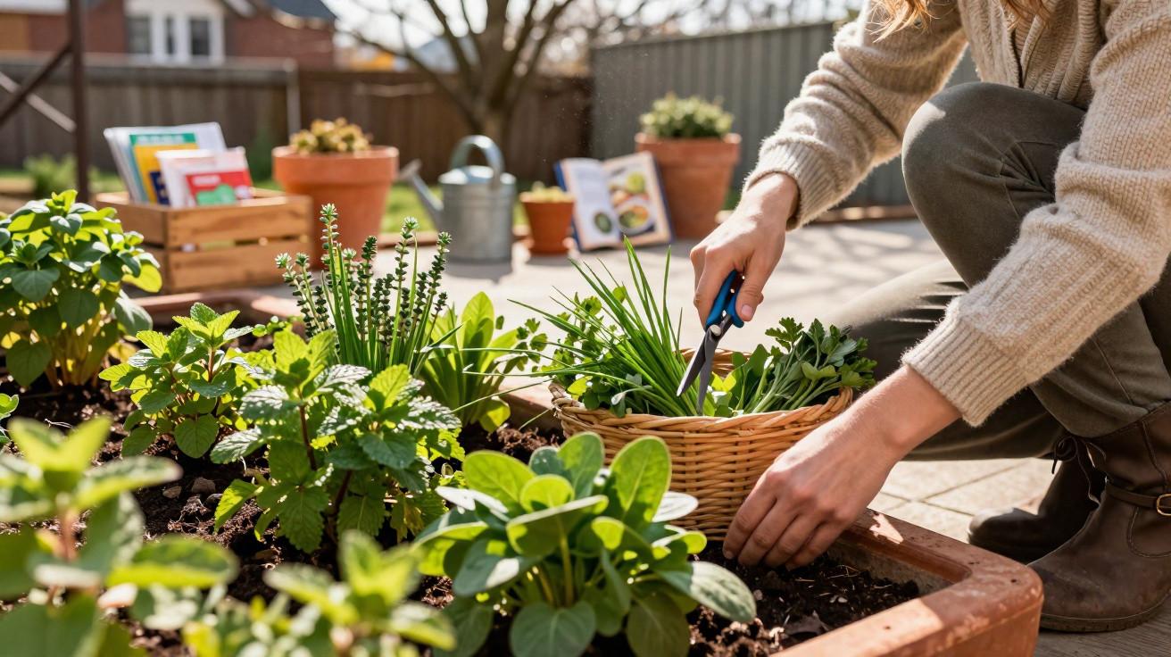Person harvesting fresh herbs with scissors from a raised garden bed on a sunny patio.