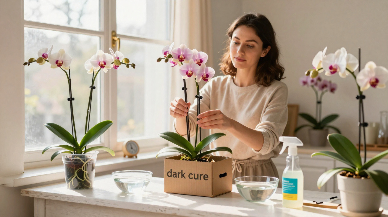 Woman arranging pink orchids on a bright windowsill with plant care supplies and a box labelled dark cure.
