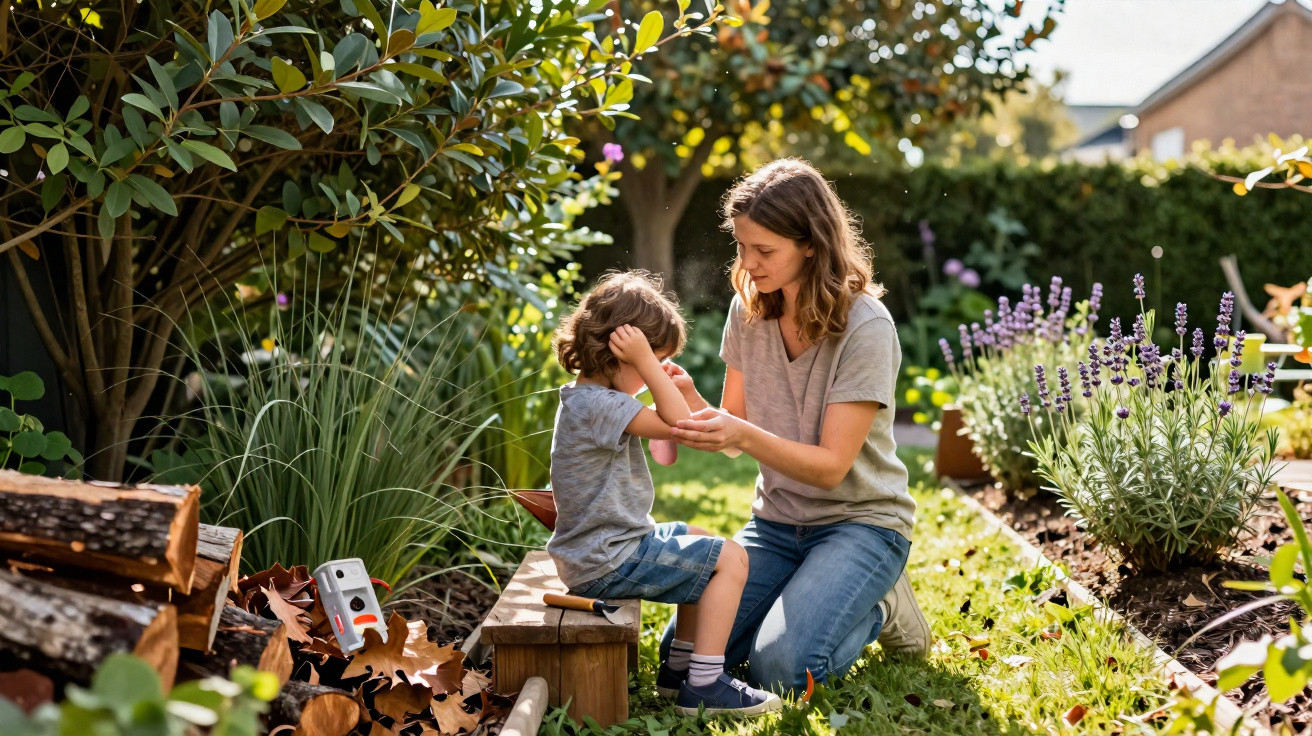 Woman comforting child sitting on a bench in a sunny garden surrounded by plants and logs.