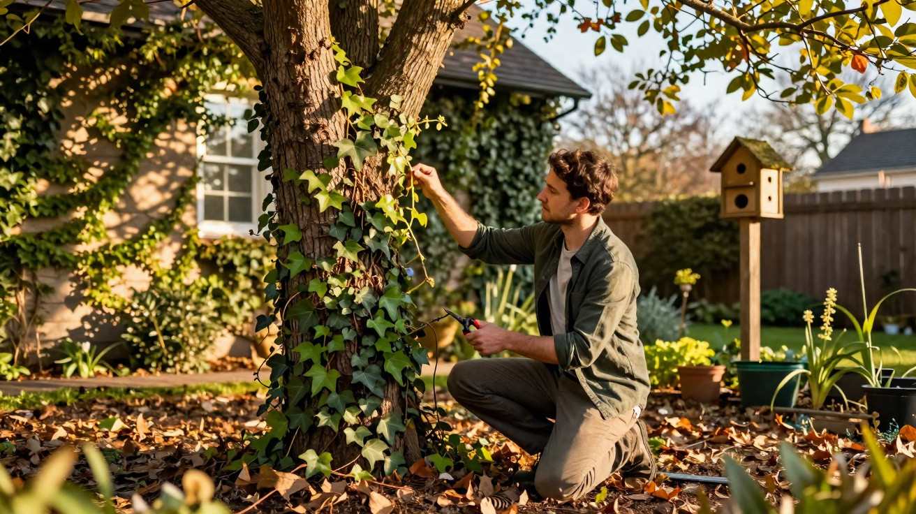 Man kneeling by a tree covered in ivy trimming the vines in a sunny garden during autumn