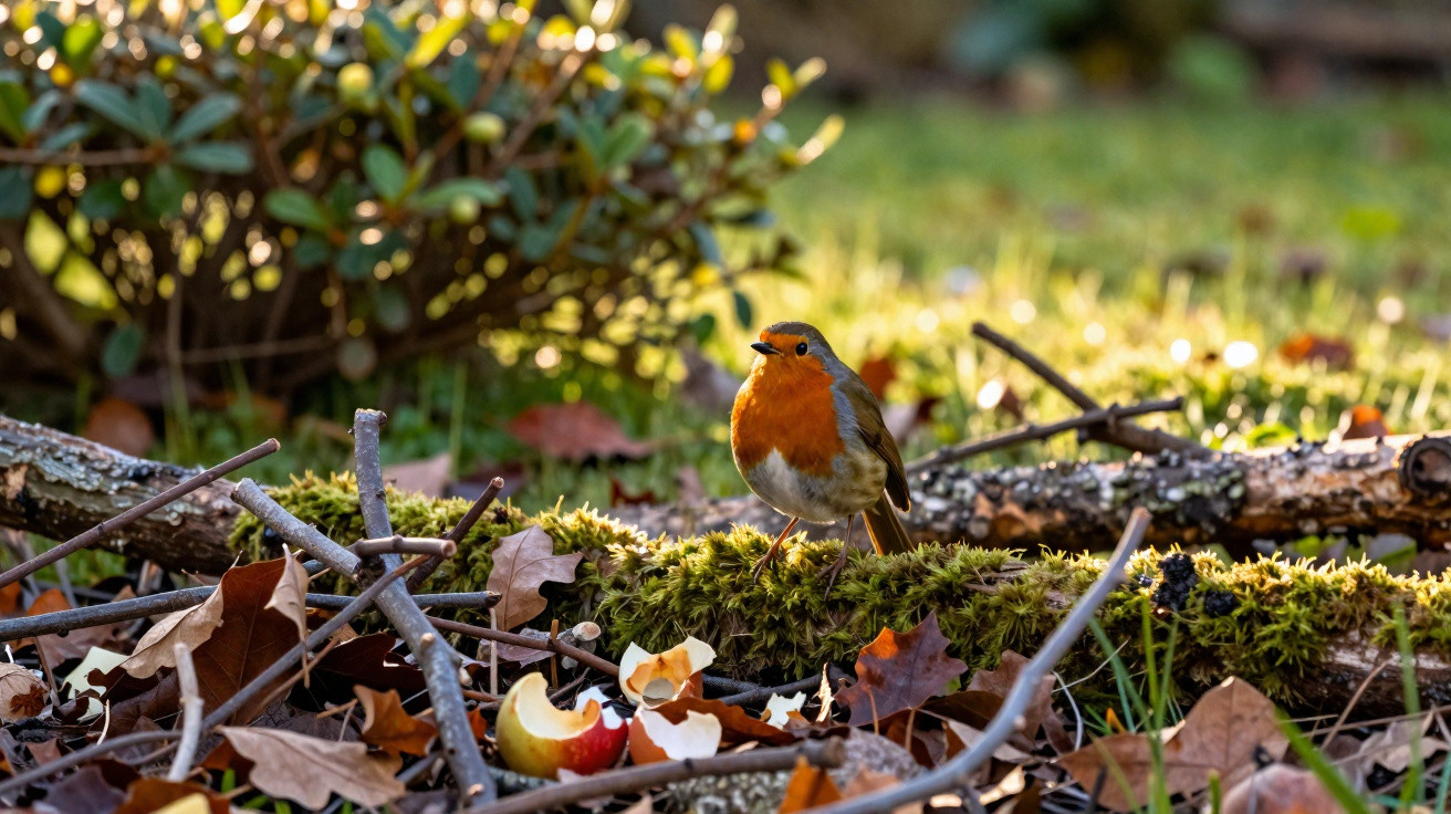A European robin with an orange breast perched on moss-covered wood among autumn leaves and apple cores.