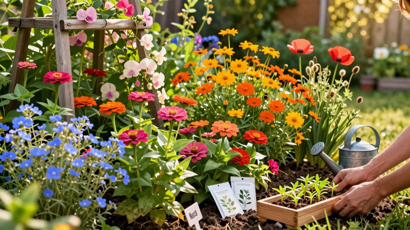 Colourful garden flowers with seed packets and hands planting seedlings in soil under sunlight