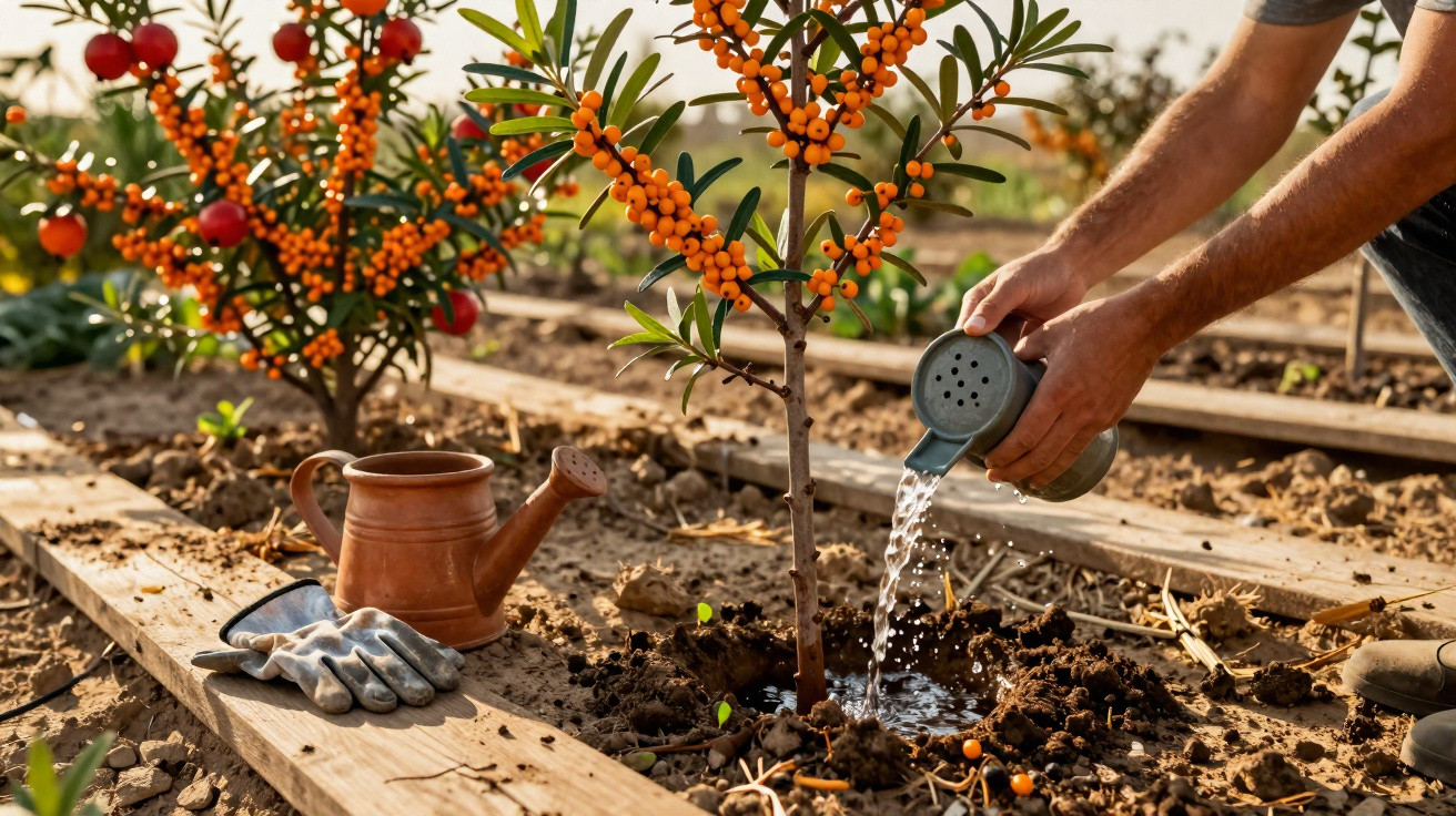 Person watering a small sea buckthorn bush with orange berries in a garden bed during daylight.