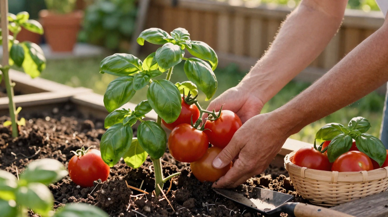 Hands harvesting ripe red tomatoes from a plant in a garden bed with a basket and gardening trowel nearby.