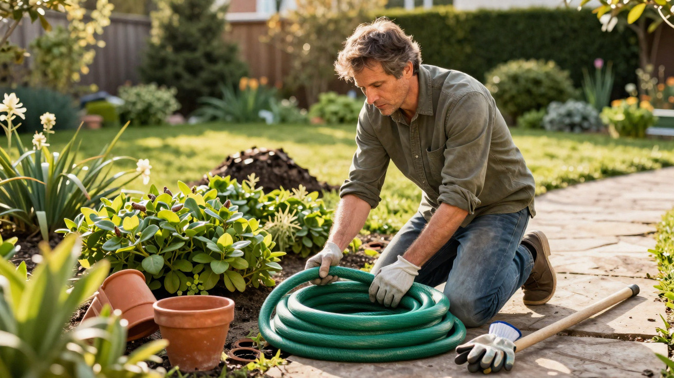 Man kneeling in garden coiling a green hosepipe beside flowerbeds and gardening tools on a sunny day.