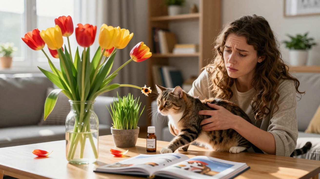 Woman holding a curious tabby cat on a table with tulips, plants, and an open book in a bright living room.
