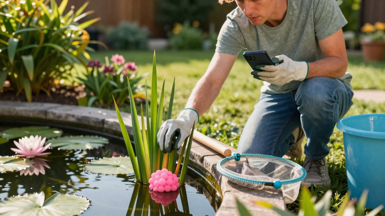 Person wearing gloves examining pink eggs on plants by a garden pond holding a smartphone