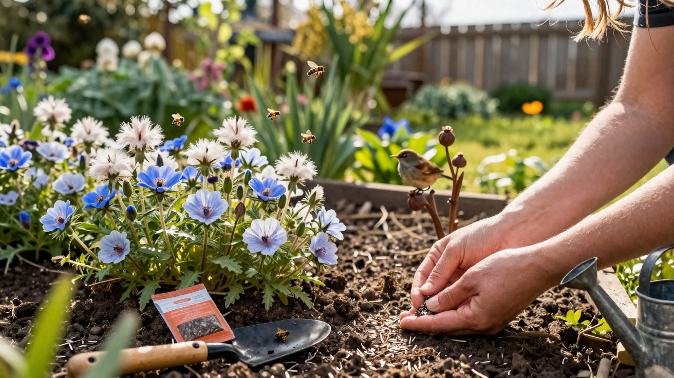 Hands planting seeds in soil near blue and white flowers with bees and a small bird in a garden.