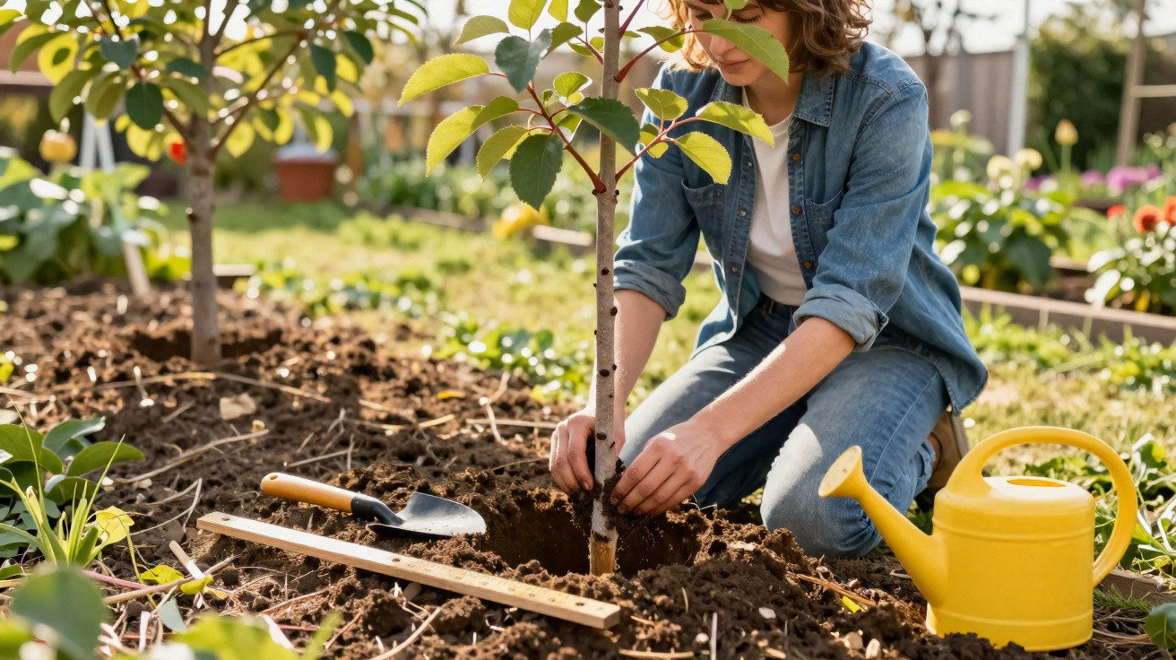 Person planting a young tree in garden soil with a yellow watering can and gardening tools nearby.