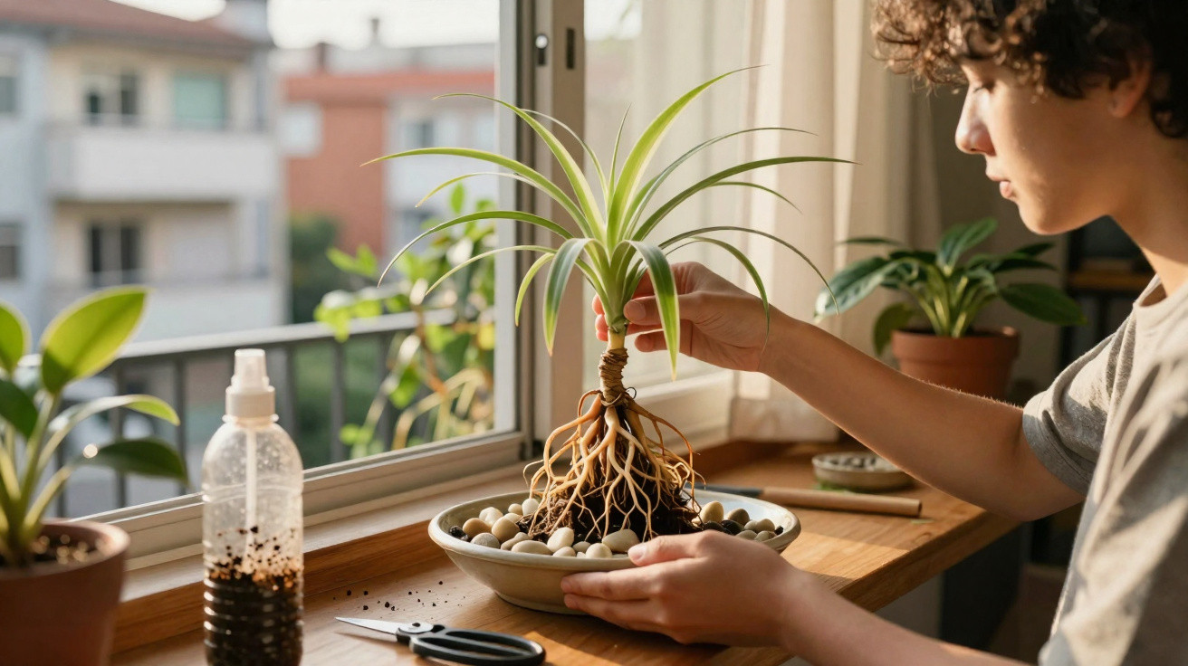 Person repotting a houseplant by a window with gardening tools and other plants nearby.