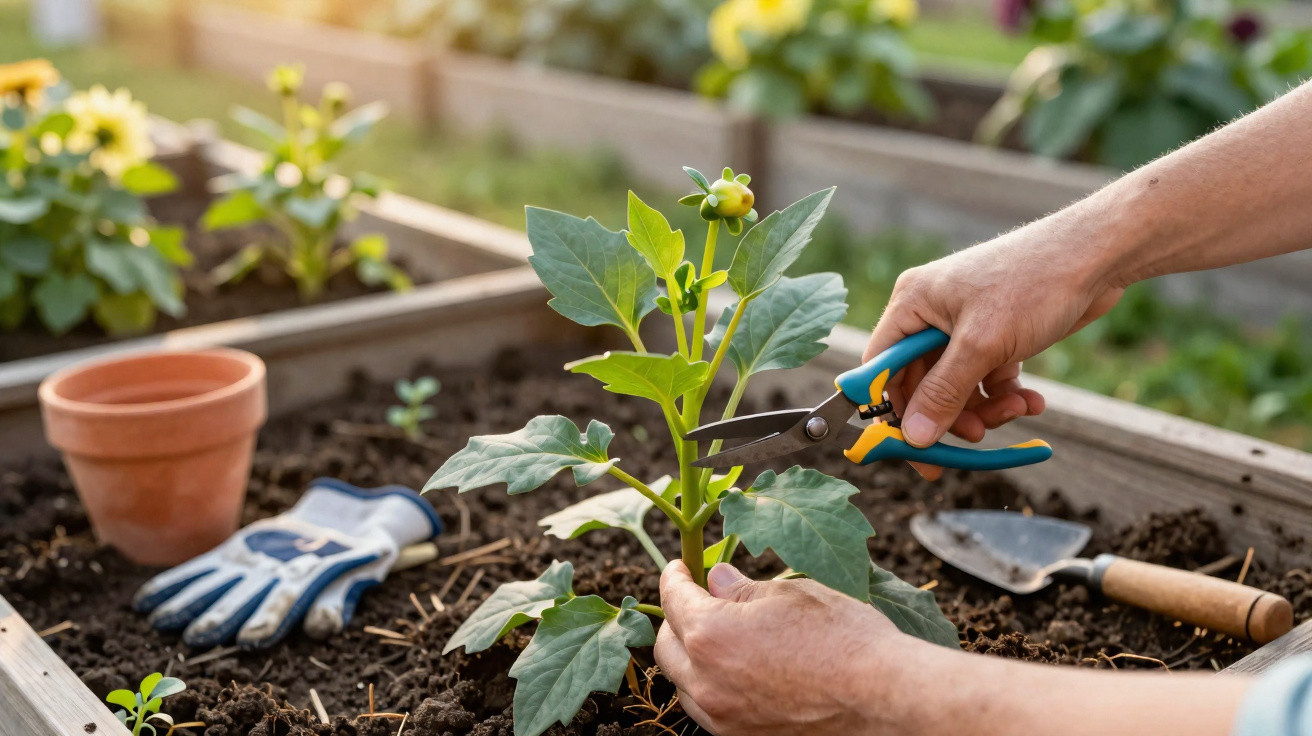 Hands pruning a young green plant in a raised garden bed with gardening tools nearby.
