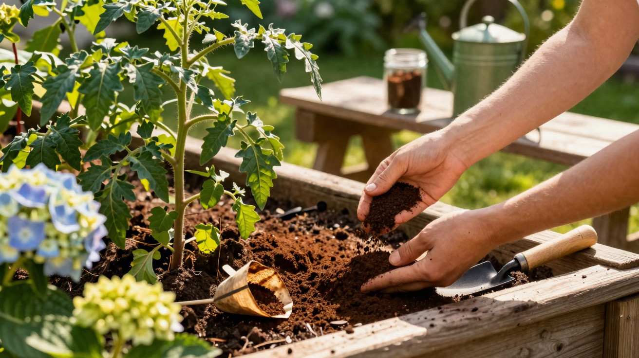 Hands adding soil to a raised garden bed with a tomato plant and gardening tools nearby in a sunny garden.