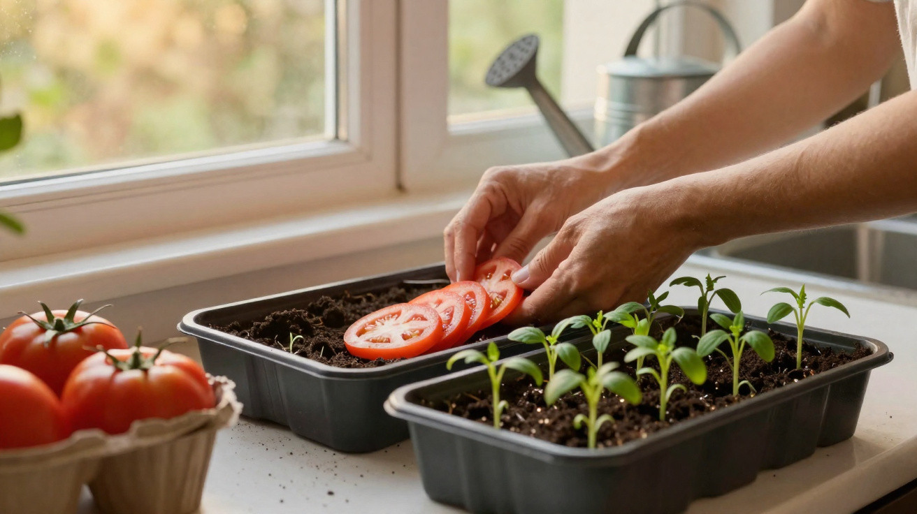 Hands placing sliced tomatoes in a seed tray next to young green seedlings on a windowsill.