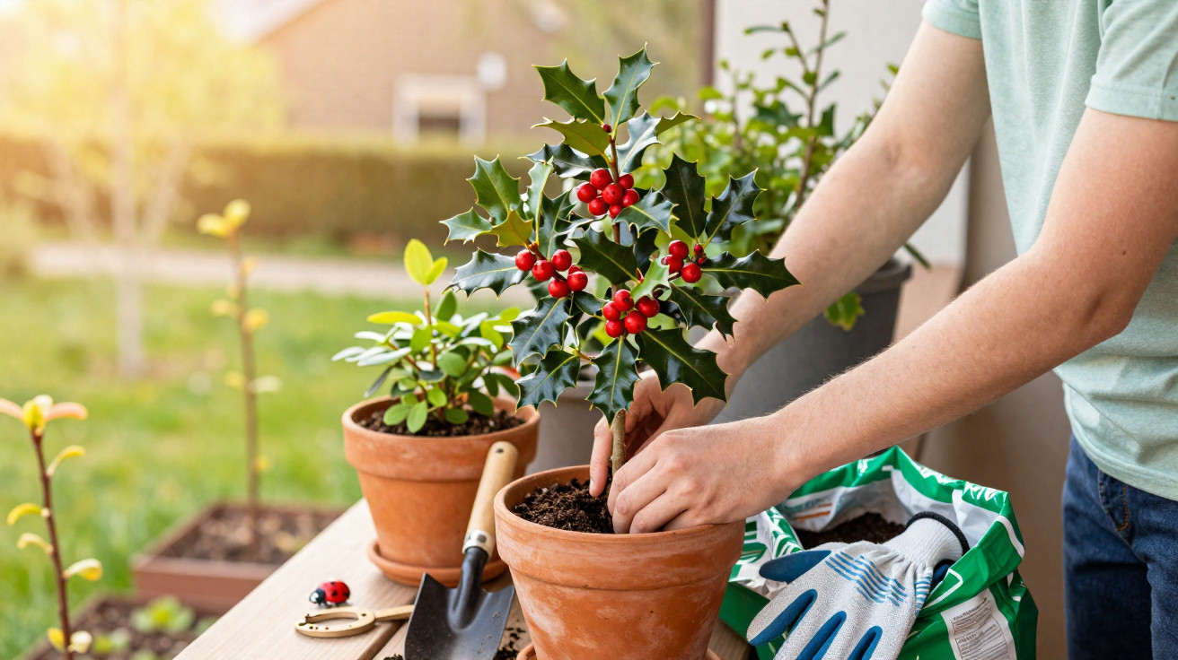 Person planting a holly plant with red berries in a terracotta pot on a garden table with gardening tools.