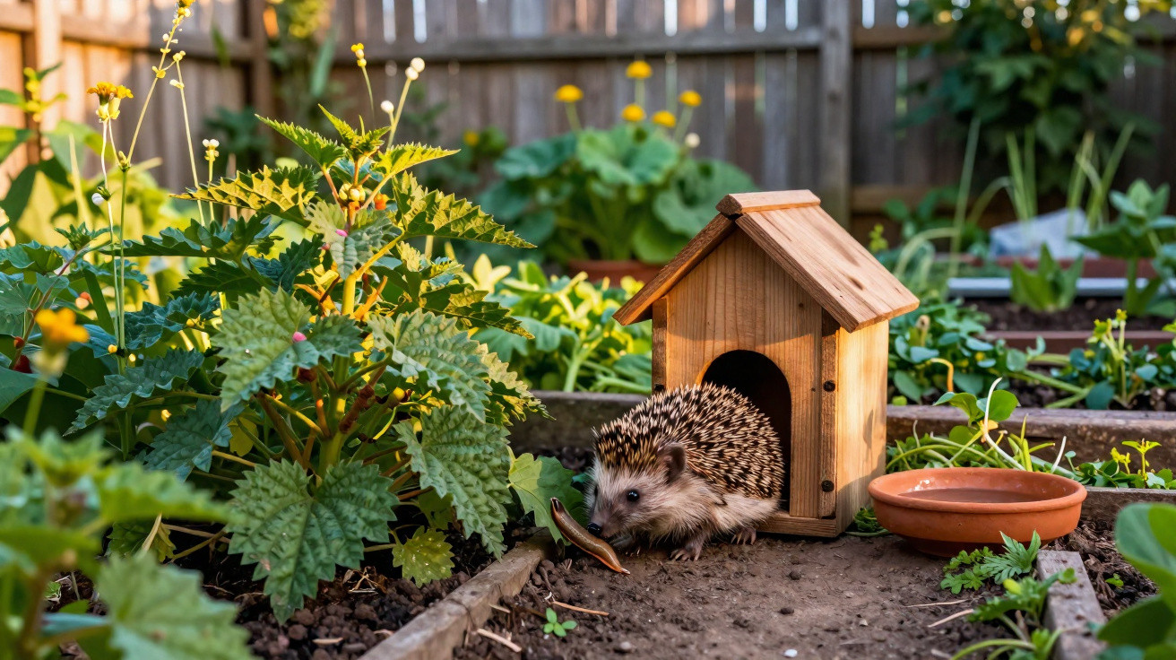 Hedgehog emerging from a small wooden house in a garden with green plants and a terracotta dish nearby.