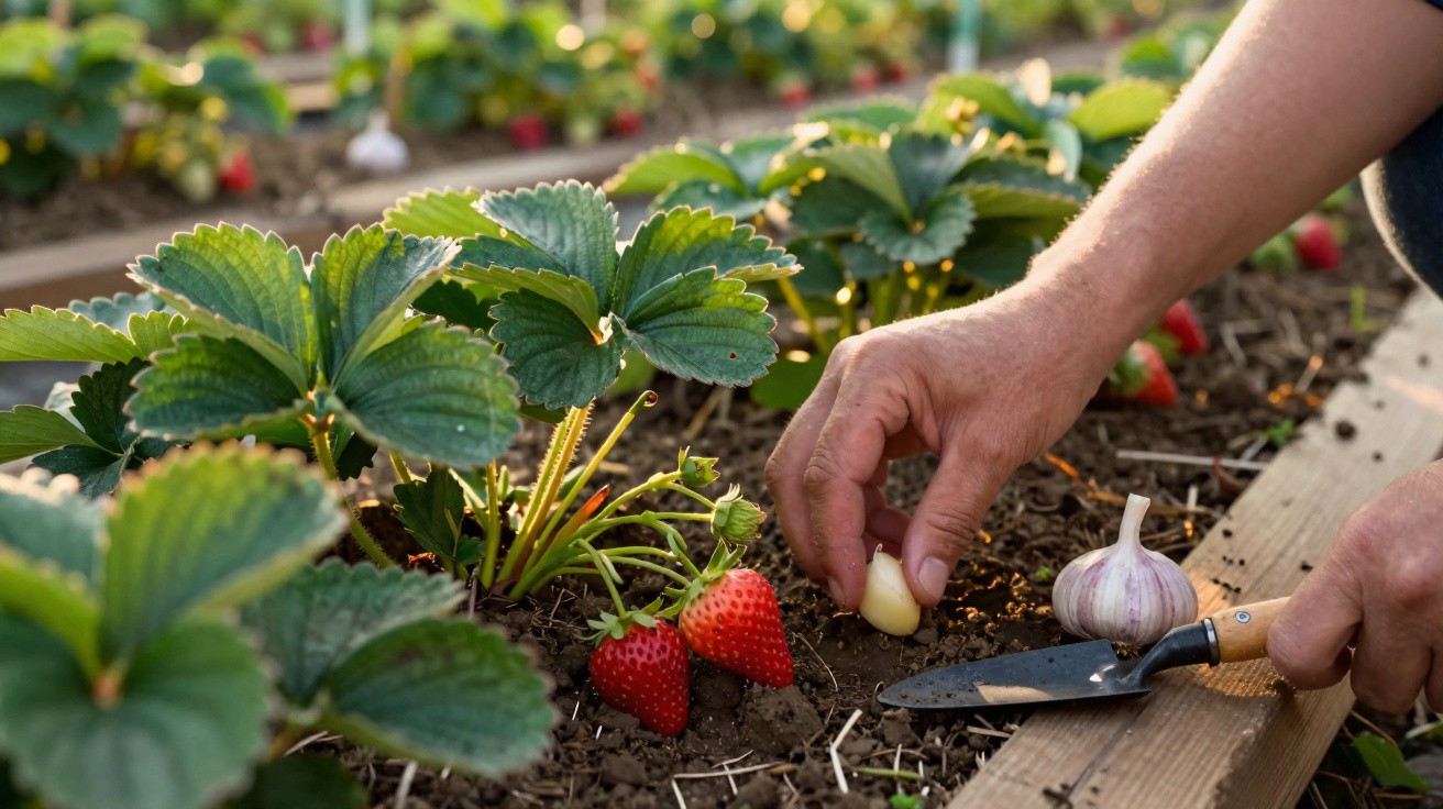 Hands planting garlic cloves in soil near ripe strawberries in a garden bed with green leaves on a sunny day.