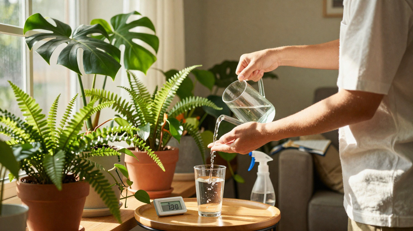 Person pouring water from a jug into a glass next to potted houseplants on a sunlit windowsill.