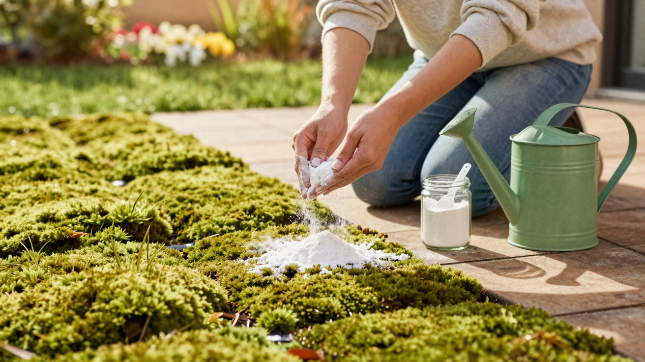 Person sprinkling white powder over green moss plants in a garden with a watering can nearby