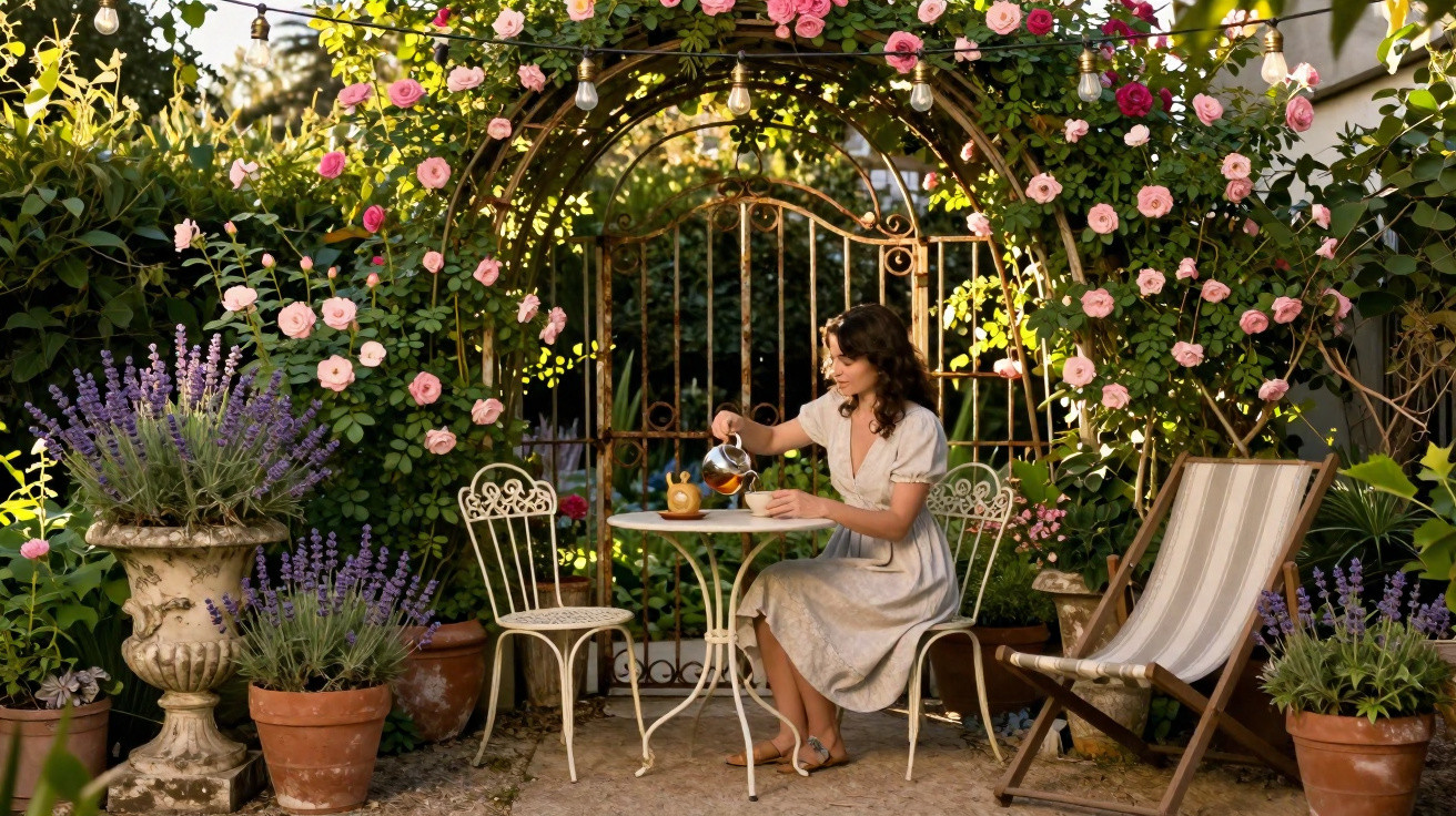 Woman in a light dress pouring tea at a small table under a rose-covered garden arch with potted lavender nearby.
