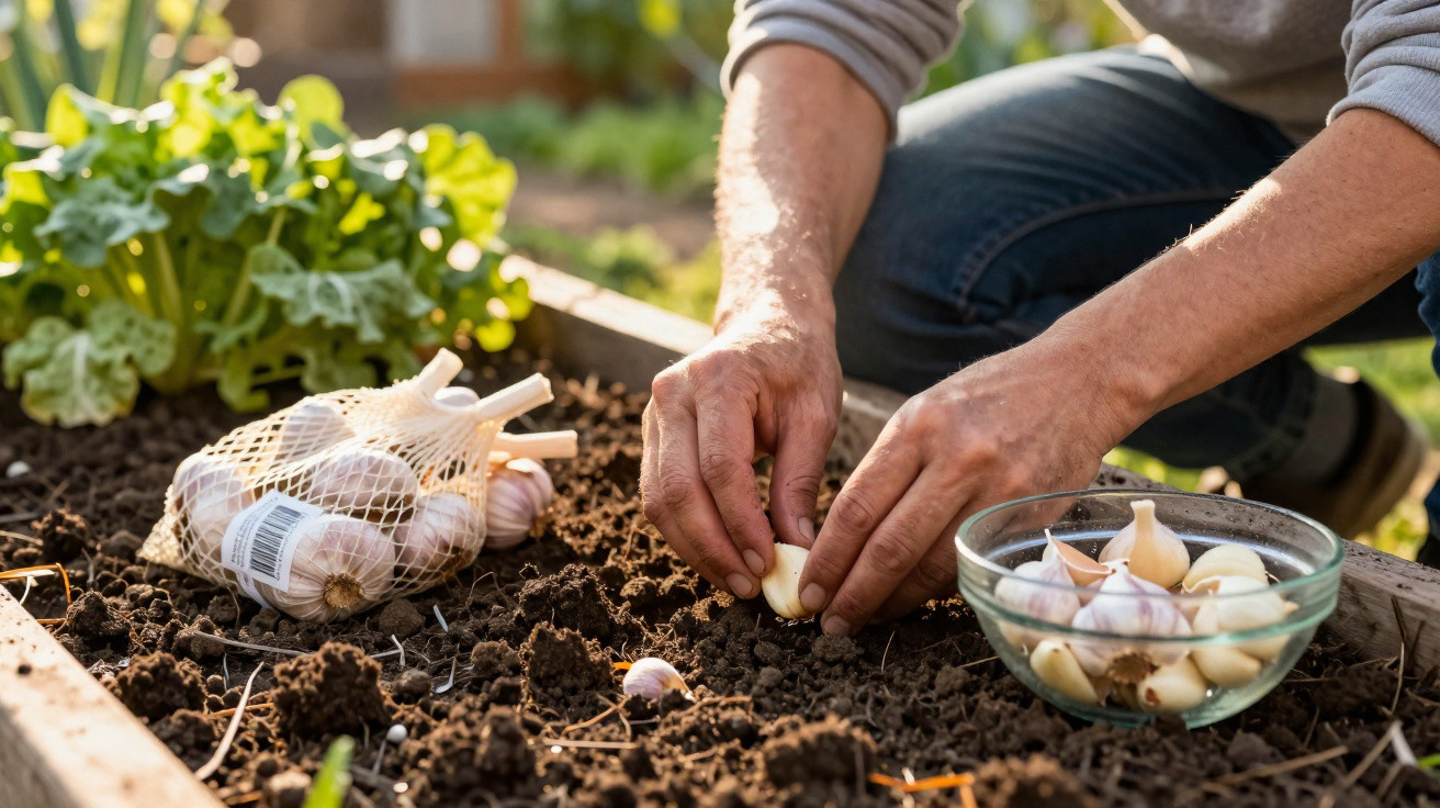 Person planting garlic cloves in soil of garden bed with a bowl and mesh bag of garlic nearby.