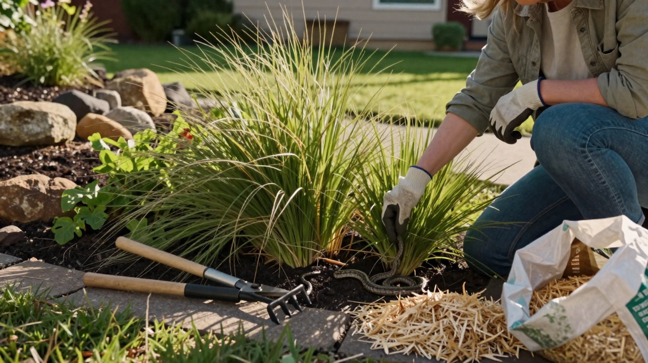 Person gardening near a small snake in a landscaped garden bed with plants and gardening tools nearby.