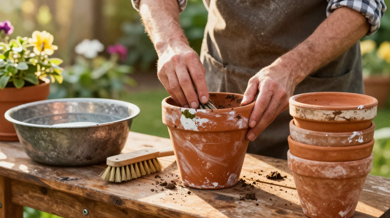 Close-up of a person planting seeds in a terracotta pot on a wooden table outdoors with gardening tools.