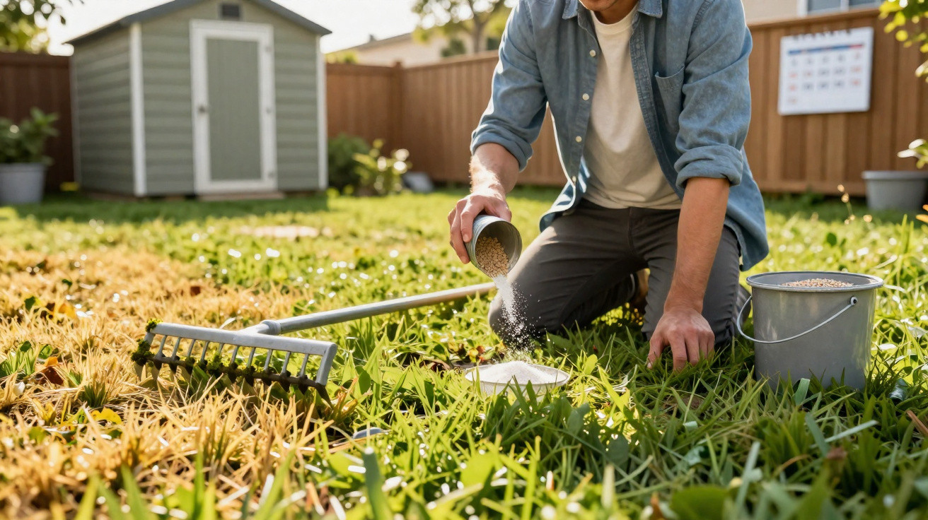 Person kneeling on grass spreading fertiliser with a rake and bucket nearby in a sunny garden.