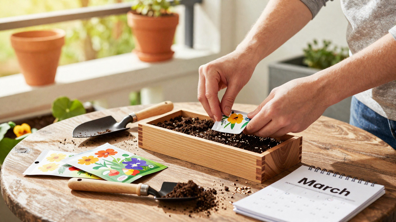 Person planting flower seeds in a wooden box on a table with gardening tools and a March calendar nearby