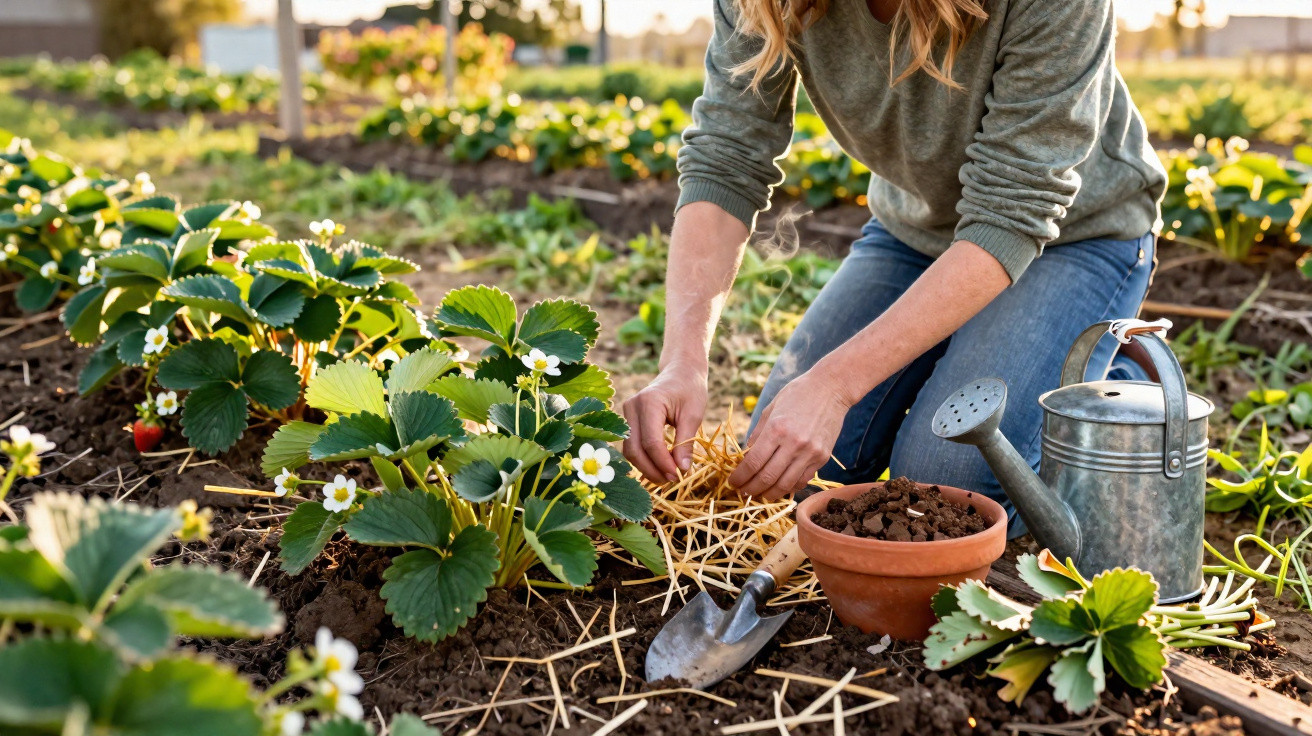 Person mulching strawberry plants in a garden bed with watering can and flowerpot nearby on a sunny day.