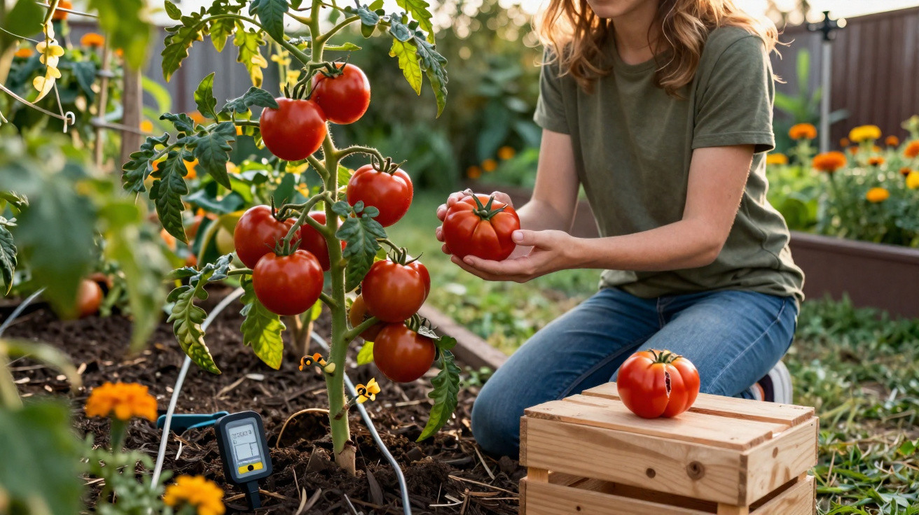 Person harvesting ripe red tomatoes from a garden plant beside a wooden crate outdoors.