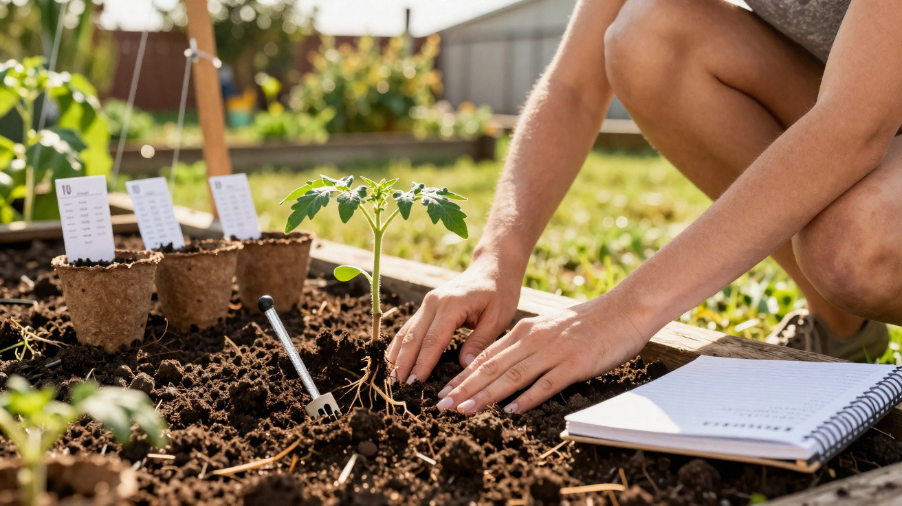 Person planting a young tomato seedling in a garden bed with labelled pots and a notebook nearby.