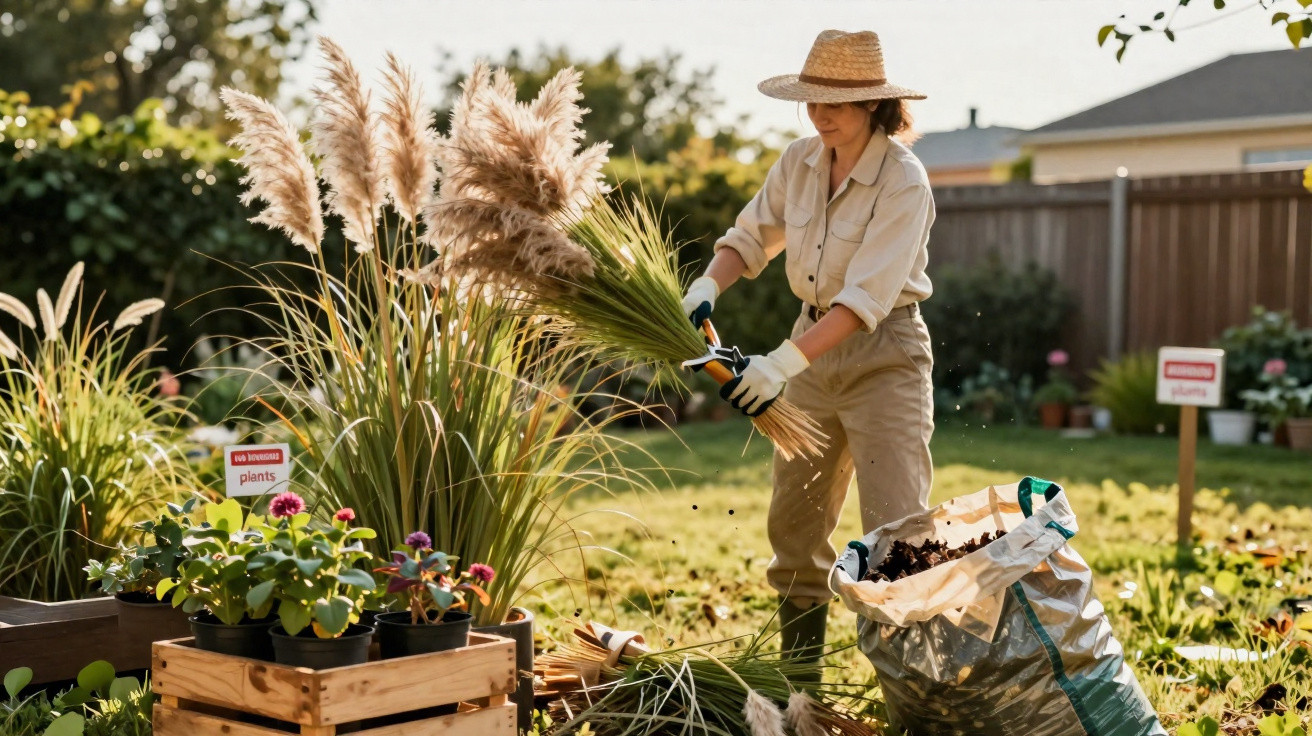 Person wearing a hat cutting pampas grass in a garden with potted plants and a large garden waste bag nearby