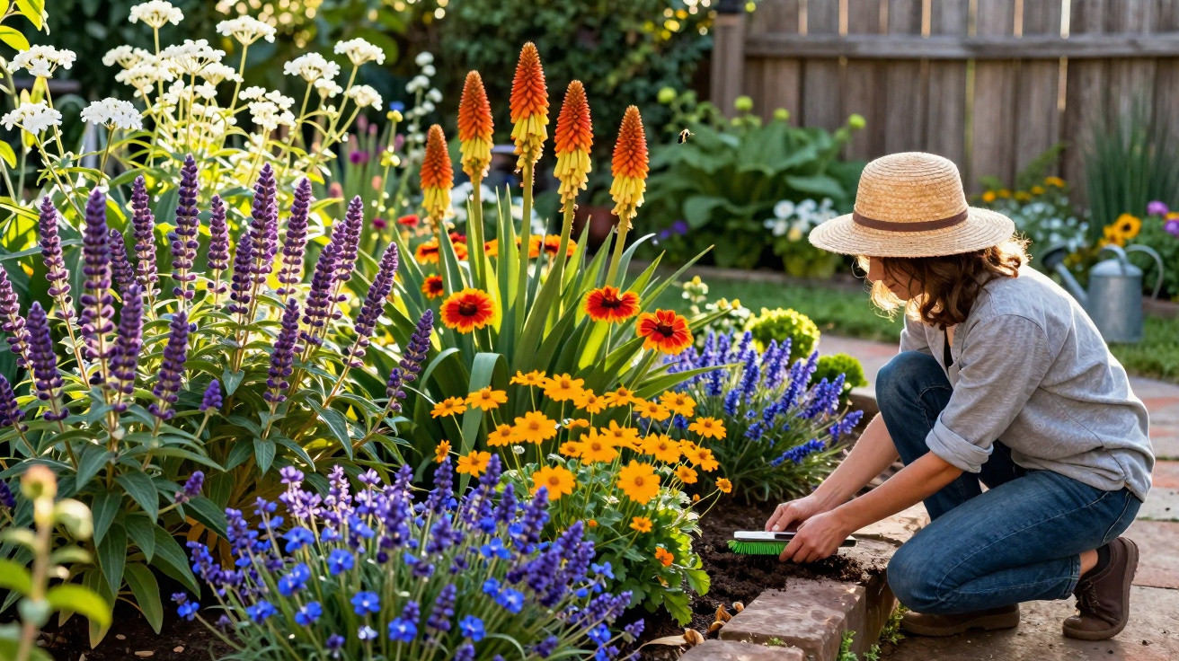 Person wearing a straw hat gardening among vibrant flowers in a sunny backyard garden.