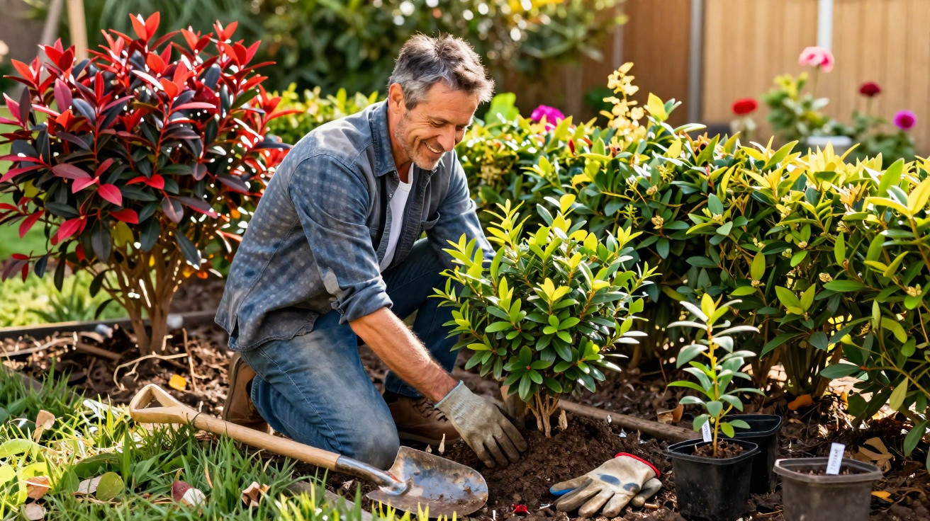 Man in casual clothes planting shrubs in a garden with gardening tools and colourful plants around.