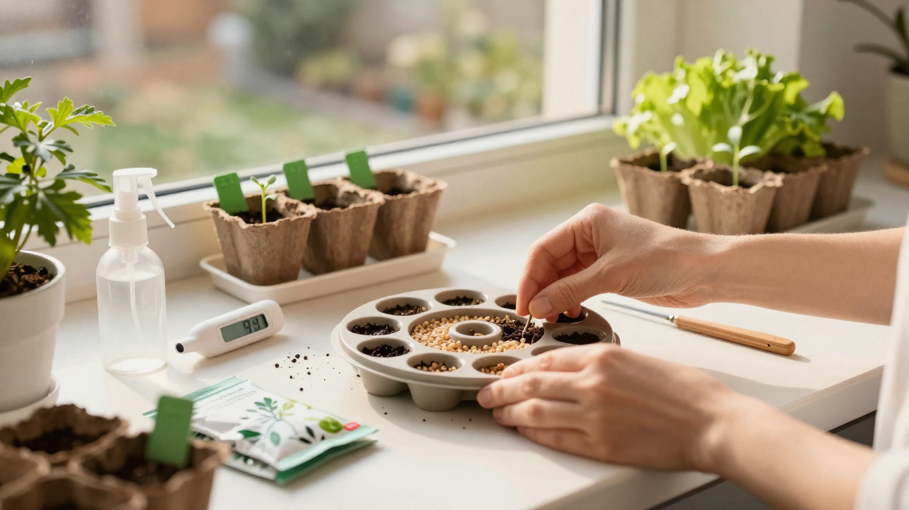 Person planting seeds in a tray on a windowsill beside seedlings and gardening tools indoors.