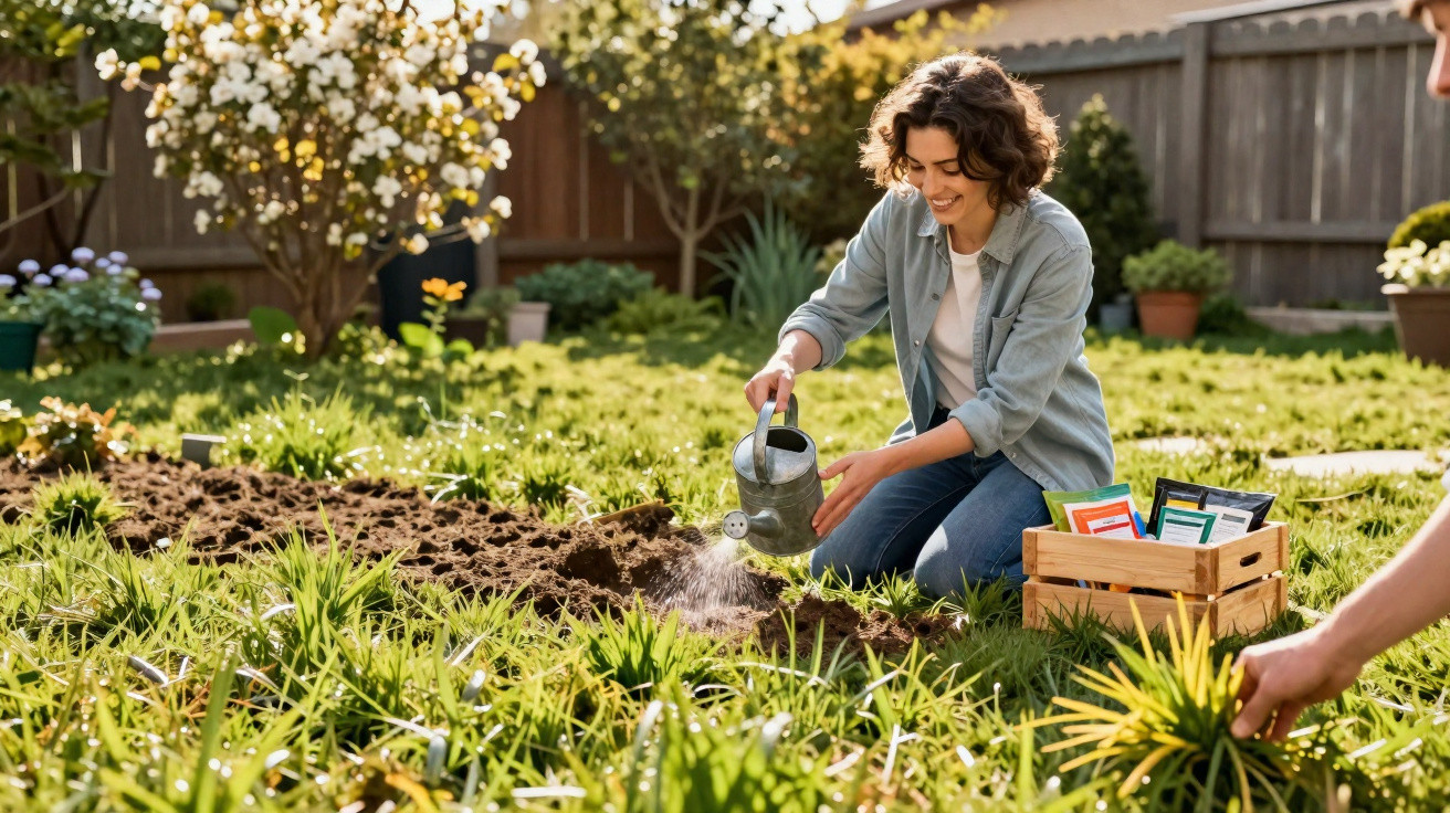 A woman kneeling in a garden watering soil with a watering can next to a wooden crate of plant seeds.