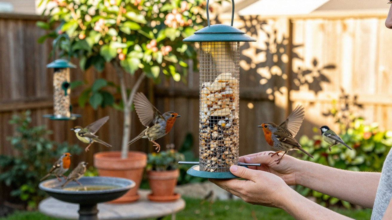 Hands holding a bird feeder with several small birds, including robins, feeding in a sunny garden.