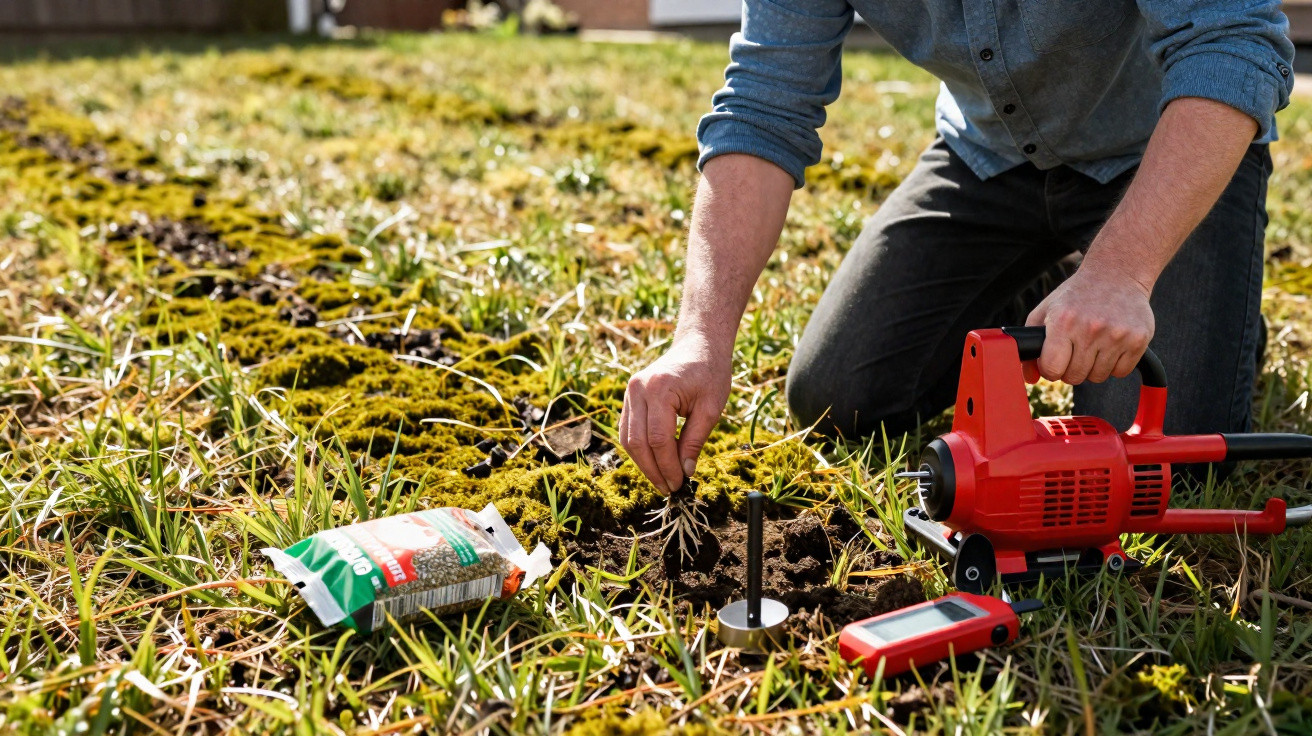 Person kneeling on grass using tools to take a soil sample in a grassy field with moss patches.